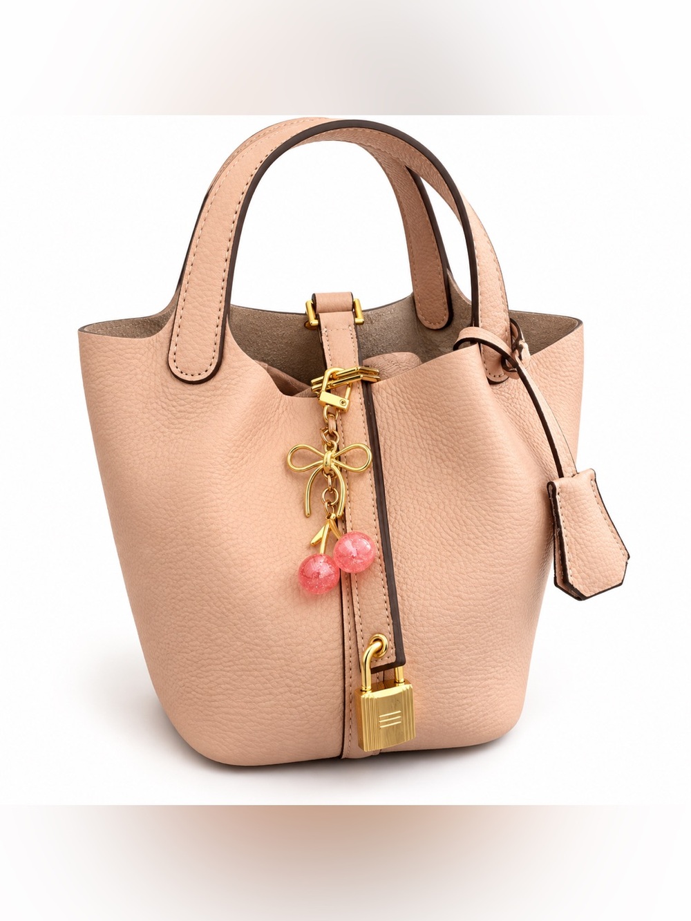 New Cowhide Bucket Bag for Women, Casual Leather Handbag, Plain Design Lock Key